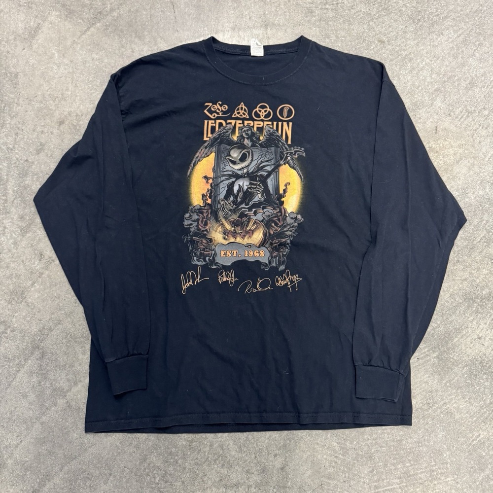 Men's Led Zeppelin Jack Skeleton T-Shirt Black Long Sleeve Band Halloween XL